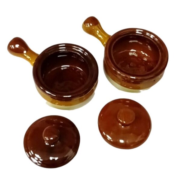 Vintage Tri-Tone Stoneware Lidded French Onion Soup Pots & Handle Set of 2 - Picture 4 of 8